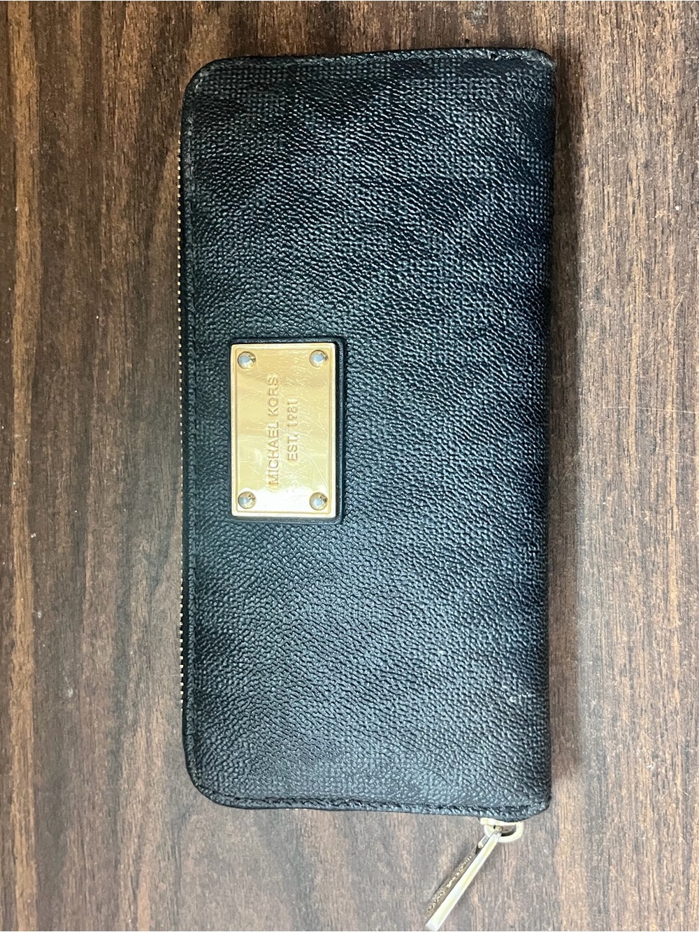 Michael Kors Black Leather Zip Wallet with Gold Plate